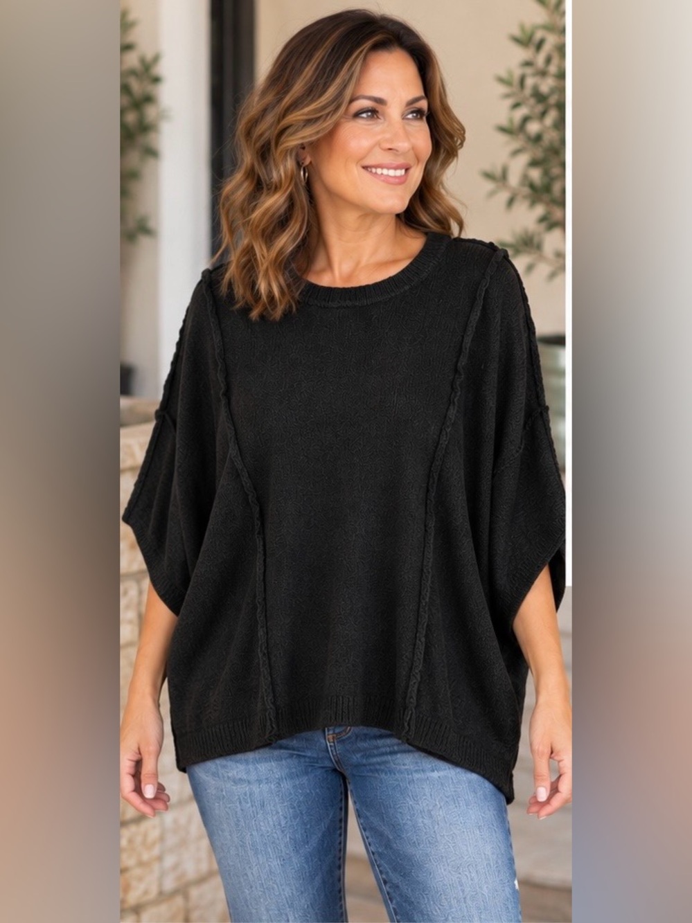 Zenana Outfitters Black Cable-Trim Crew Neck Dolman Sleeve Sweater NWOT